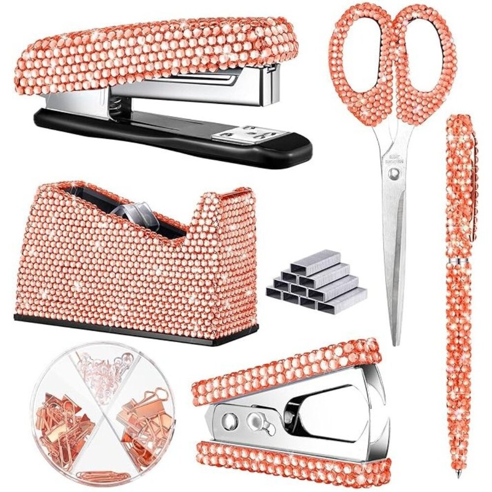 NEW Sparkling Bling Swarovski Crystal Rhinestone Desk Set Pink Rose Gold…